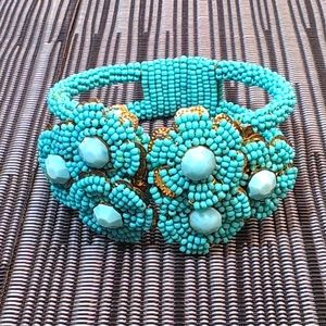 1930s Miriam Haskell Clamper Bracelet Turquoise Beaded Flowers